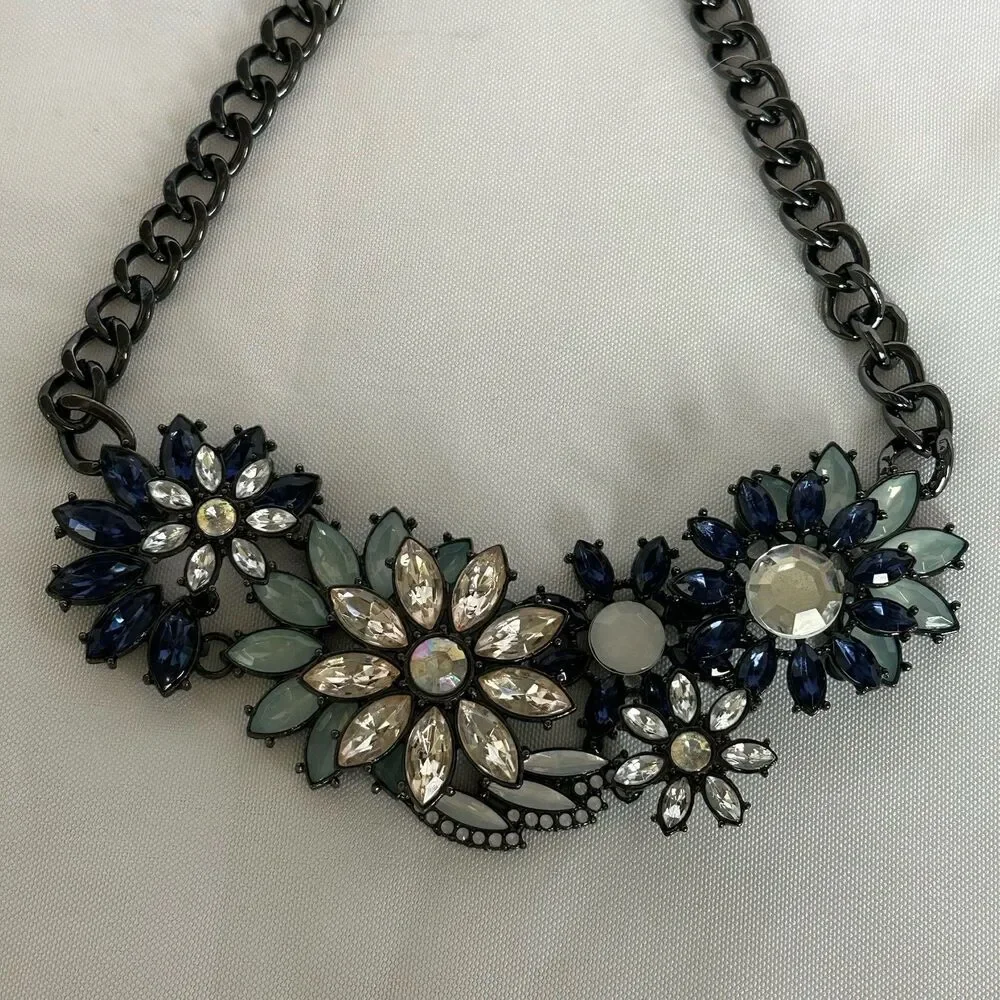 Joan Rivers Statement Necklace Rhinestone Blue Flowers Gunmetal Chain with Clasp
